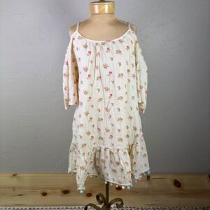 NWT Easel Floral Gauzy Dress Large Pom Pom Hem Cream Boho Summer Cottagecore